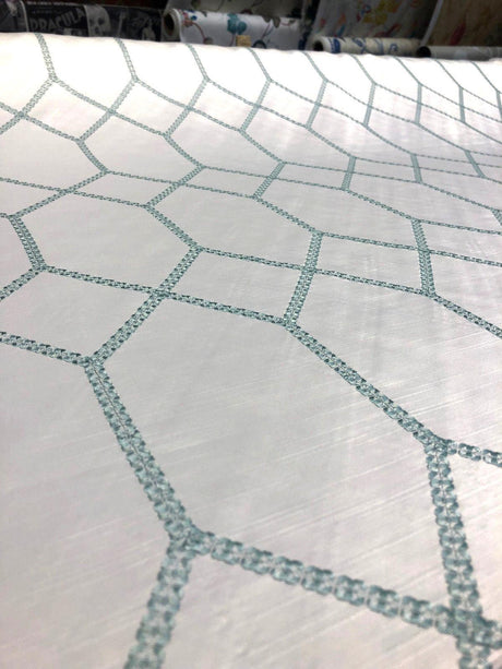 Avalon Sky Blue Jacquard Embroidered Fabric - White With Sky Blue Geometric Pattern, 56" Width (1 Yard)