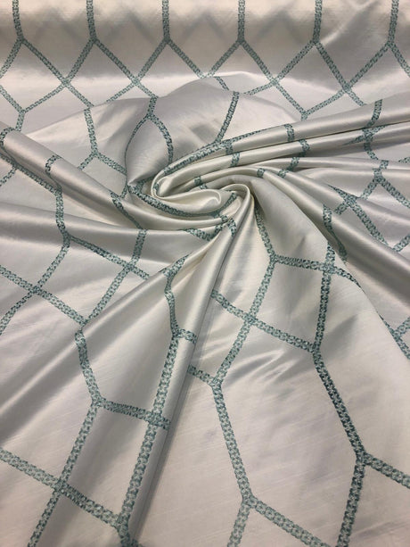 Avalon Sky Blue Jacquard Embroidered Fabric - White With Sky Blue Geometric Pattern, 56" Width (1 Yard)