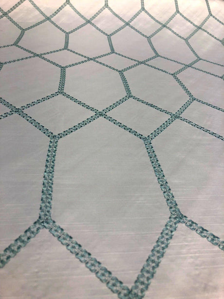 Avalon Sky Blue Jacquard Embroidered Fabric - White With Sky Blue Geometric Pattern, 56" Width (1 Yard)