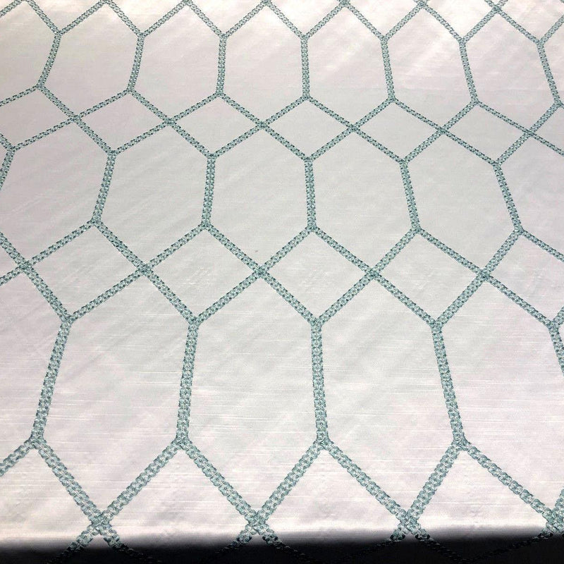 Avalon Sky Blue Jacquard Embroidered Fabric - White With Sky Blue Geometric Pattern, 56" Width (1 Yard)