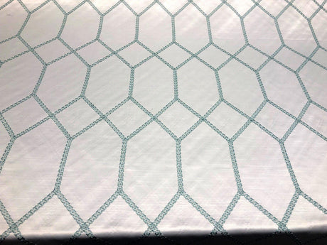 Avalon Sky Blue Jacquard Embroidered Fabric - White With Sky Blue Geometric Pattern, 56" Width (1 Yard)