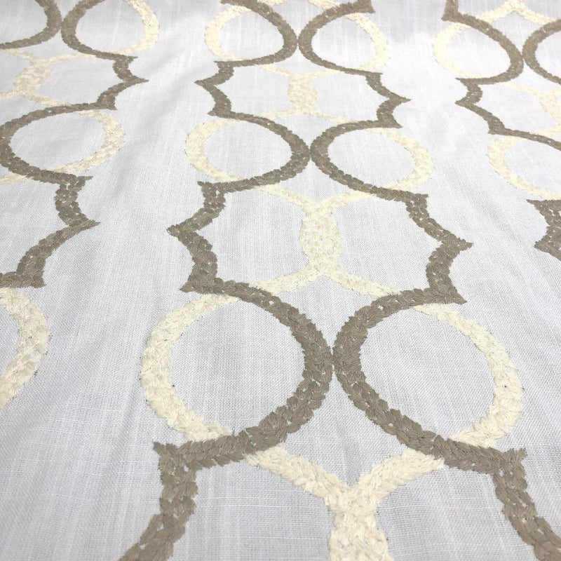 Sutton Shell On White Embroidered Faux Linen Fabric - Art Deco Embroidery, 56" Width, 10.5" Horizontal Repeat, 9.5" Vertical Repeat (1 Yard)