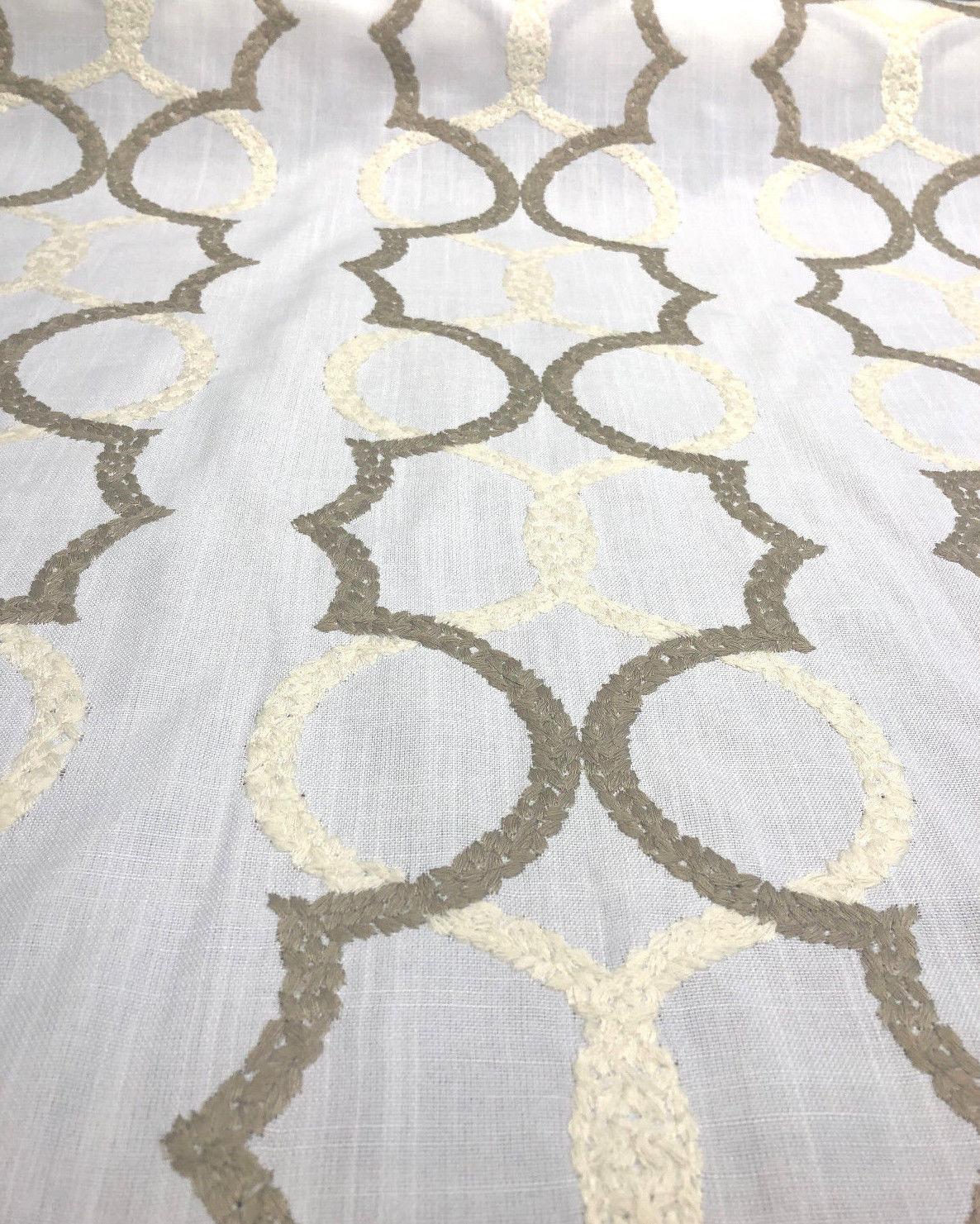 Sutton Shell On White Embroidered Faux Linen Fabric - Art Deco Embroidery, 56" Width, 10.5" Horizontal Repeat, 9.5" Vertical Repeat (1 Yard)