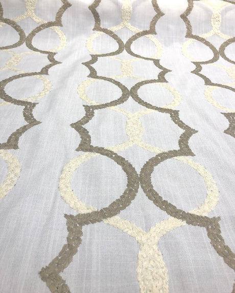 Sutton Shell On White Embroidered Faux Linen Fabric - Art Deco Embroidery, 56" Width, 10.5" Horizontal Repeat, 9.5" Vertical Repeat (1 Yard)