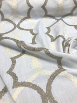 Sutton Shell On White Embroidered Faux Linen Fabric - Art Deco Embroidery, 56" Width, 10.5" Horizontal Repeat, 9.5" Vertical Repeat (1 Yard)