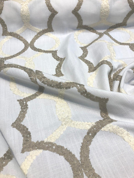 Sutton Shell On White Embroidered Faux Linen Fabric - Art Deco Embroidery, 56" Width, 10.5" Horizontal Repeat, 9.5" Vertical Repeat (1 Yard)