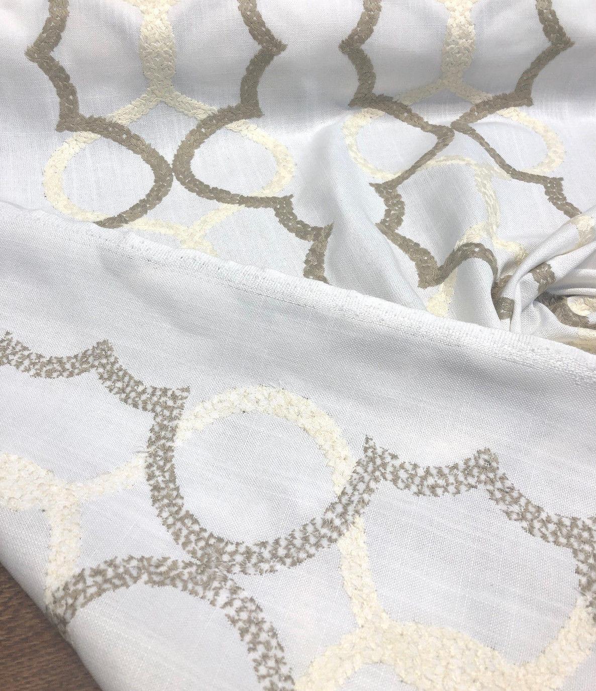 Sutton Shell On White Embroidered Faux Linen Fabric - Art Deco Embroidery, 56" Width, 10.5" Horizontal Repeat, 9.5" Vertical Repeat (1 Yard)