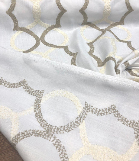 Sutton Shell On White Embroidered Faux Linen Fabric - Art Deco Embroidery, 56" Width, 10.5" Horizontal Repeat, 9.5" Vertical Repeat (1 Yard)