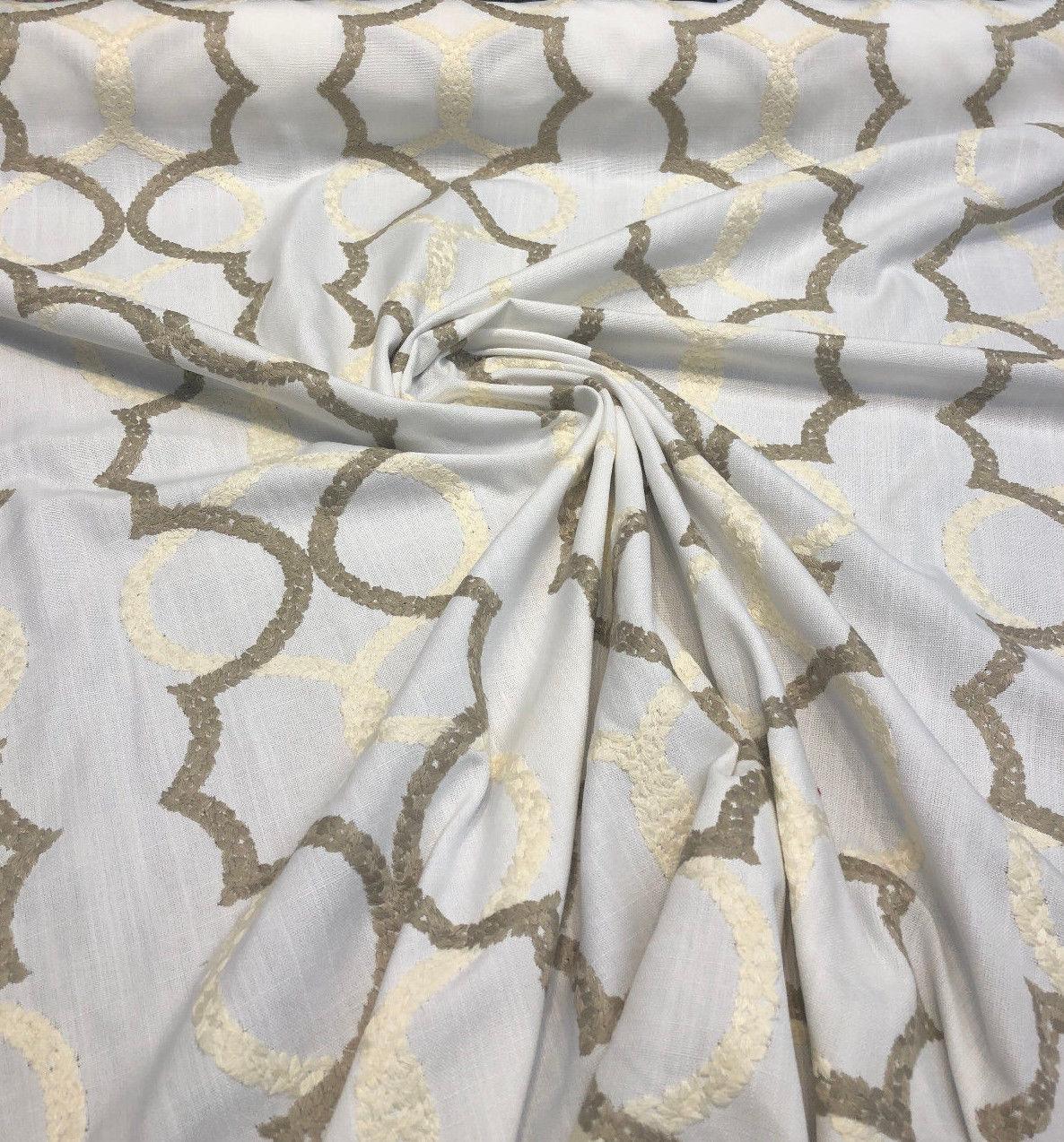 Sutton Shell On White Embroidered Faux Linen Fabric - Art Deco Embroidery, 56" Width, 10.5" Horizontal Repeat, 9.5" Vertical Repeat (1 Yard)
