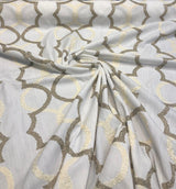 Sutton Shell On White Embroidered Faux Linen Fabric - Art Deco Embroidery, 56" Width, 10.5" Horizontal Repeat, 9.5" Vertical Repeat (1 Yard)