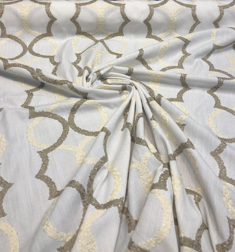 Sutton Shell On White Embroidered Faux Linen Fabric - Art Deco Embroidery, 56" Width, 10.5" Horizontal Repeat, 9.5" Vertical Repeat (1 Yard)