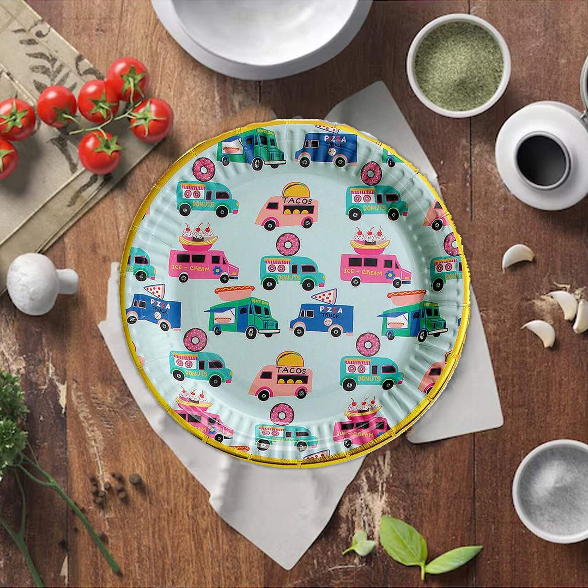 8 Ct. Food Truck Party Paper Dessert Plates Metallic Gold Foil Trim 7"