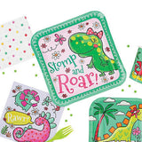 8 Ct. Girl Dinosaur Party Stomp and Roar Pink Paper Dinner Plates Durable Disposable 9" Plates for Kids’ Birthday Party
