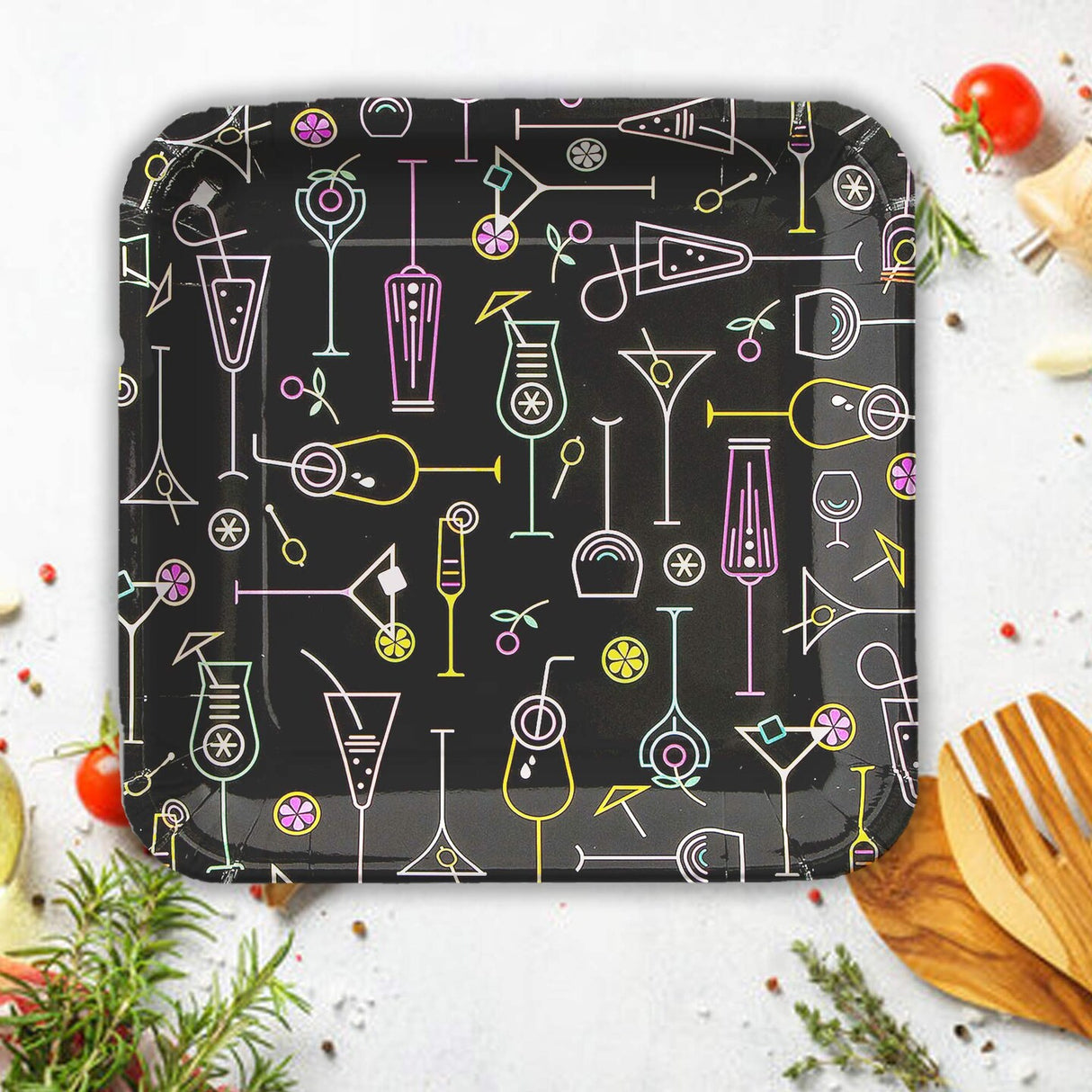 8 Ct. Cocktail Party Square Paper Dinner Plates Neon Drink Design 9 Inch