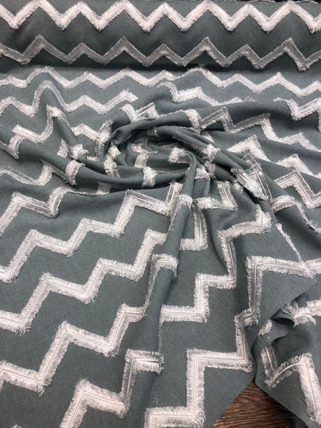 Ameril Symetric Spa Blue Chevron Embroidered Polyester Fabric - White Chevron Embroidered, 55" Width (1 Yard)