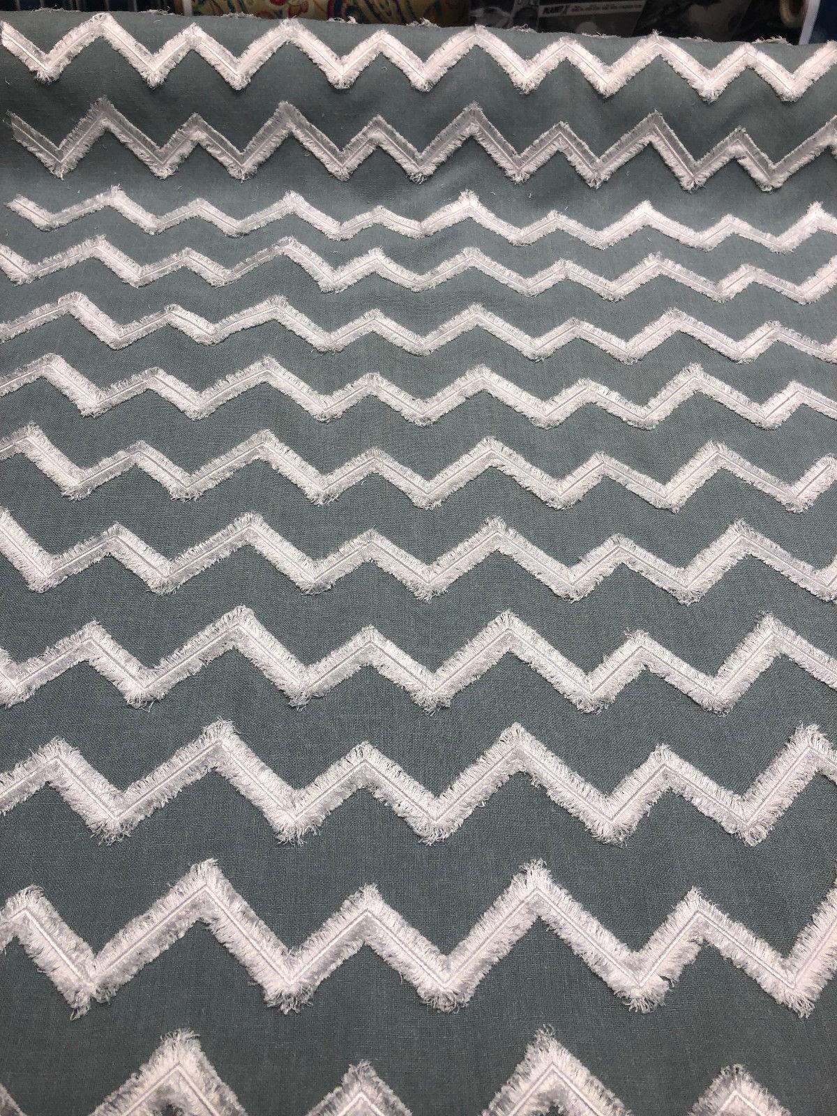Ameril Symetric Spa Blue Chevron Embroidered Polyester Fabric - White Chevron Embroidered, 55" Width (1 Yard)