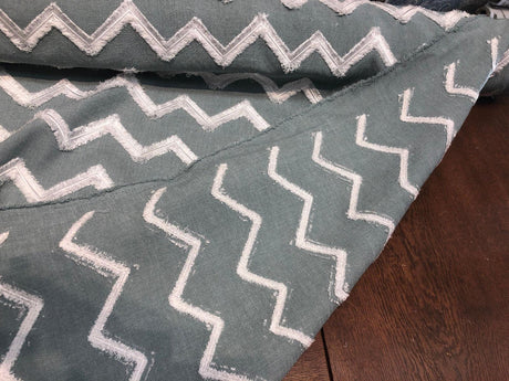 Ameril Symetric Spa Blue Chevron Embroidered Polyester Fabric - White Chevron Embroidered, 55" Width (1 Yard)