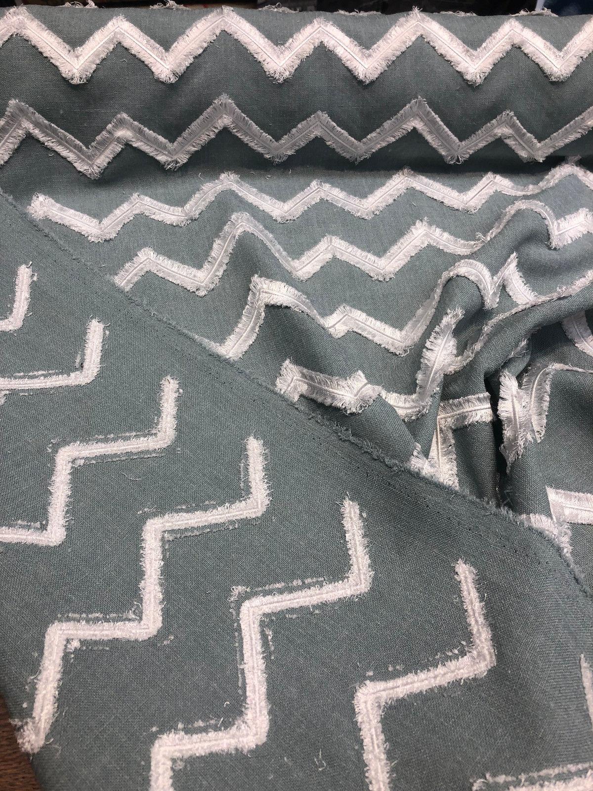 Ameril Symetric Spa Blue Chevron Embroidered Polyester Fabric - White Chevron Embroidered, 55" Width (1 Yard)