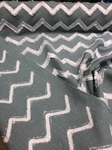Ameril Symetric Spa Blue Chevron Embroidered Polyester Fabric - White Chevron Embroidered, 55" Width (1 Yard)