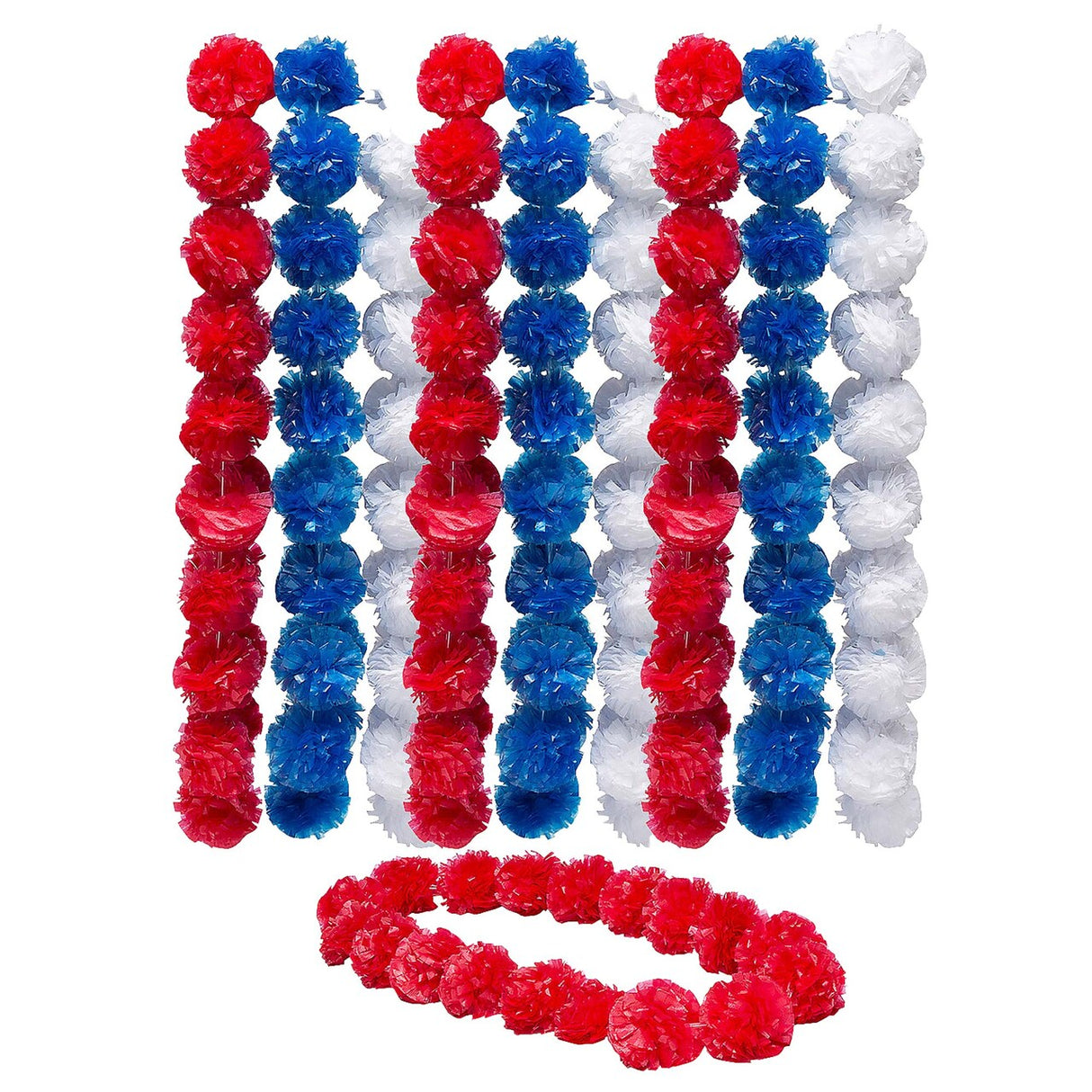 3 Ft. Patriotic Pom Pom Red, White & Blue Plastic Leis 12 Pc.