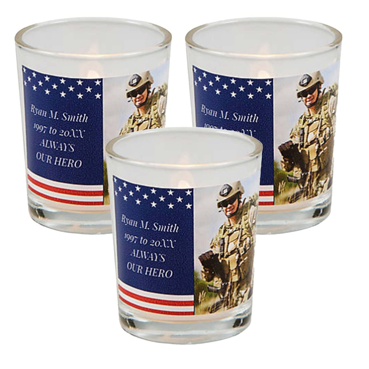 2 1/2" Personalized Patriotic Photo Memorial Votive Holders 12 Pieces