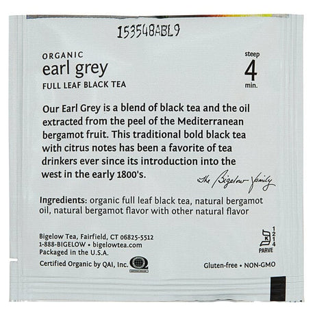 Steep Cafe By Bigelow Organic Earl Grey Tea Pyramid Sachets - 50/Case