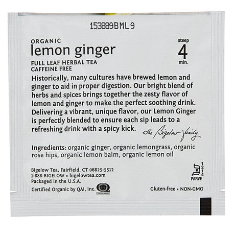 Steep Cafe By Bigelow Organic Lemon Ginger Herbal Tea Pyramid Sachets - 50/Case