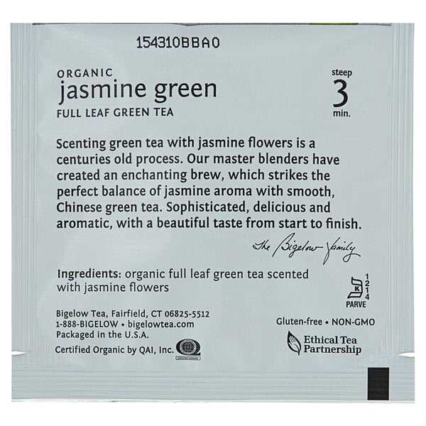 Steep Cafe By Bigelow Organic Jasmine Green Tea Pyramid Sachets - 50/Case