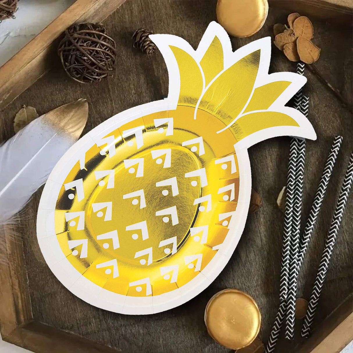 8 Count Gold Foil Pineapple-Shaped Paper Dessert Plates 6.5" x 10" Tropical Party Disposable Plates