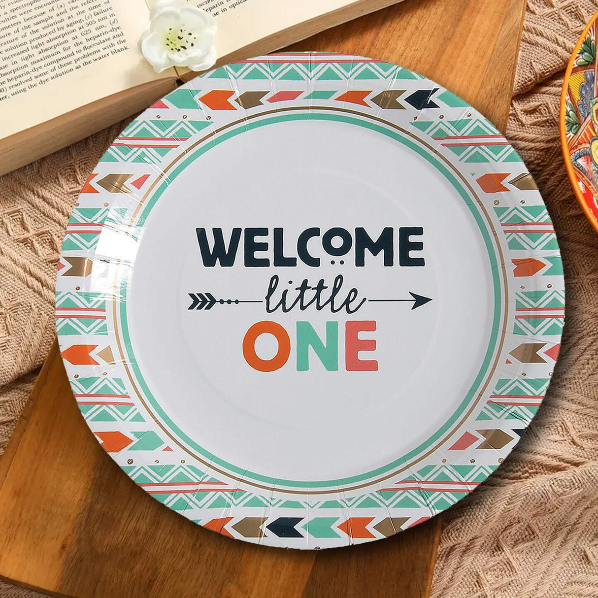 8 Count Welcome Little One Tribal Baby Shower Paper Dinner Plates 9" Baby Shower Disposable Plates