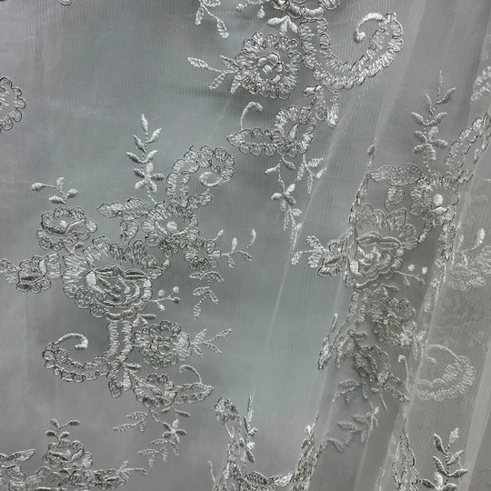 1 Yard Silver Metallic Corded Bridal Lace Fabric Embroidered on 100% Polyester Net Mesh – 52"