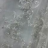 1 Yard Silver Metallic Corded Bridal Lace Fabric Embroidered on 100% Polyester Net Mesh – 52"