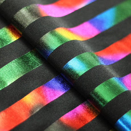 Holo Foil Stripes Nylon Spandex Hologram Fabric - White Silver And Black Multi Rainbow Stripes, 58 To 60" Width (1 Yard)