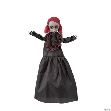Hanging Halloween Doll Decoration with Dress and Hair Detail, hangs on a porch or door for spooky Halloween display