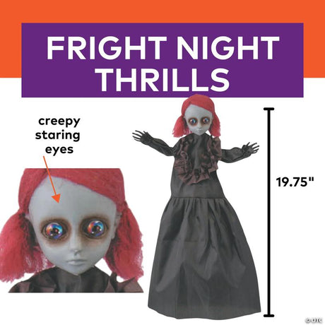 Hanging Halloween Doll Decoration with Dress and Hair Detail, hangs on a porch or door for spooky Halloween display