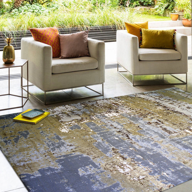 Maximus 185 Polyester Viscose Blend Fabric - Beige/Golden Watercolor Abstract Design, Flat Weave, 7'6" X 10'3" (1 Rug)