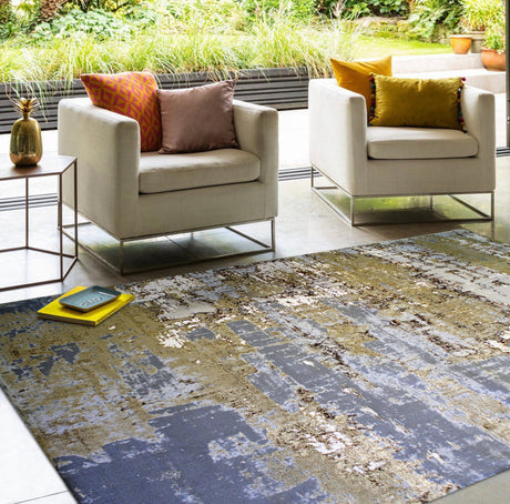 Maximus 185 Polyester Viscose Blend Fabric - Beige/Golden Watercolor Abstract Design, Flat Weave, 7'6" X 10'3" (1 Rug)