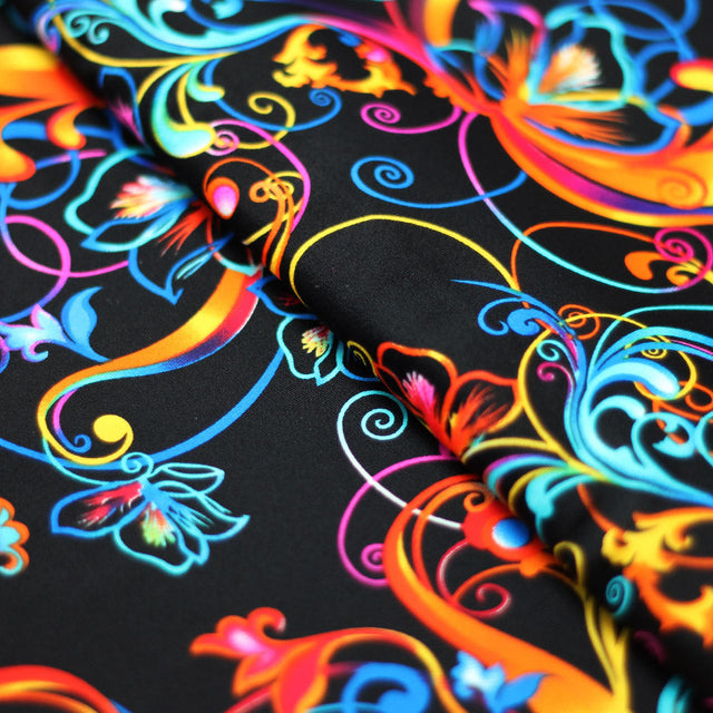 Flourish Fantasy Nylon Spandex Fabric - Multi-Color Floral Print, 58/60" Width (1 Yard)