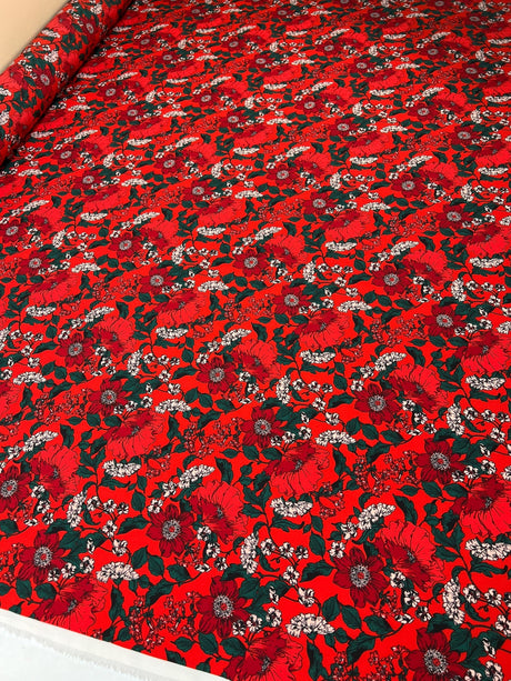 Polyester Crepe Floral Print Red Green