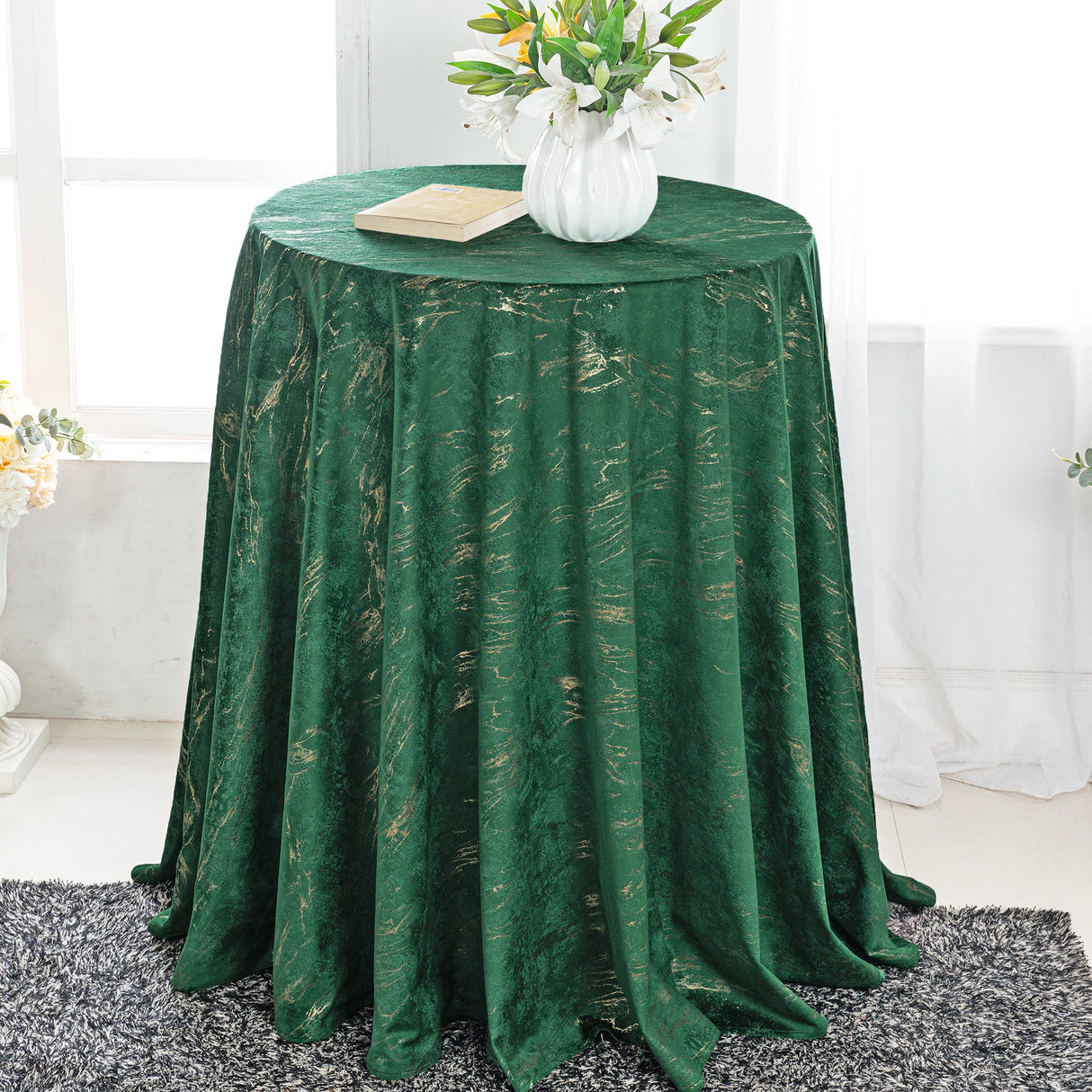 Round Holland Velvet Tablecloth 132" Emerald Green