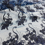 1 Yard Beaded Corded Lace Fabric on 100% Polyester Net Mesh, Elegant Embroidered Lace Material