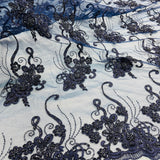 Beaded Corded Lace Navy Mesh