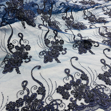 Beaded Corded Lace Navy Mesh