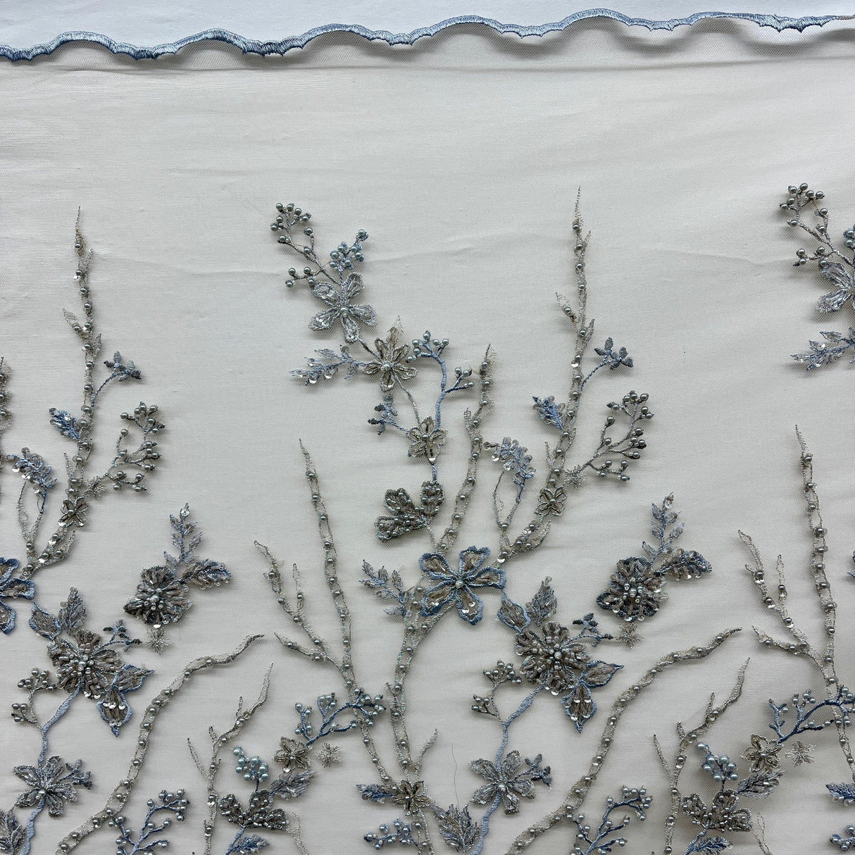 Beaded Lace Fabric Blue Skin Net