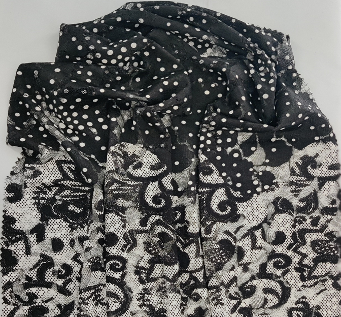 Lace Double Border 1D716 Polyester Spandex Fabric - Black/White Dotted Floral Lace, 56/58" Width