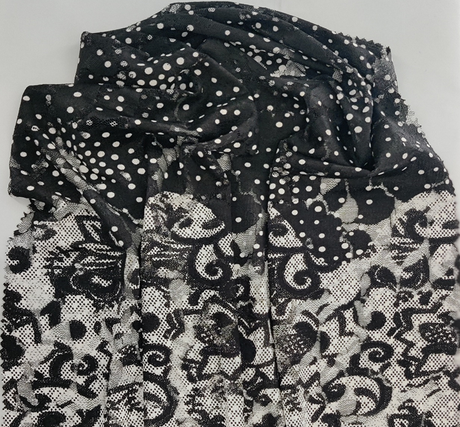 Lace Double Border 1D716 Polyester Spandex Fabric - Black/White Dotted Floral Lace, 56/58" Width