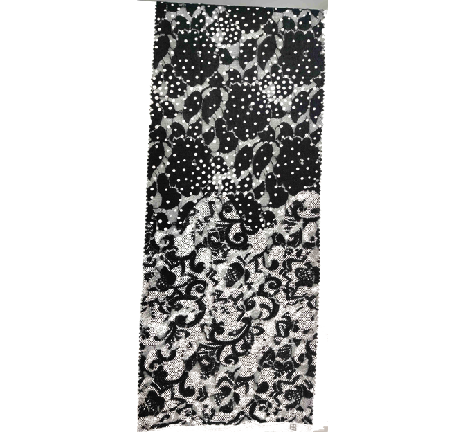 Lace Double Border 1D716 Polyester Spandex Fabric - Black/White Dotted Floral Lace, 56/58" Width