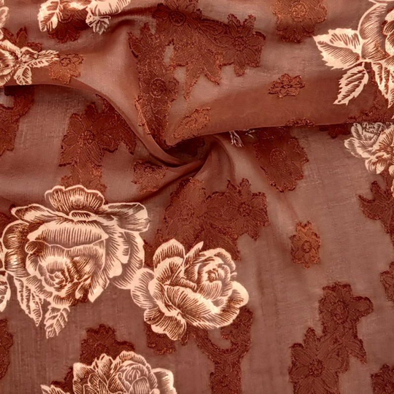 1 Yard Brown Floral Jacquard Chiffon Fabric – 57/58" Wide Lightweight Sheer Polyester for Dresses & Apparel