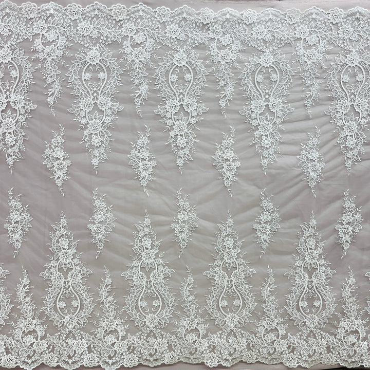 1 Yard Premium Corded Bridal Lace Fabric Embroidered on 100% Polyester Net Mesh White
