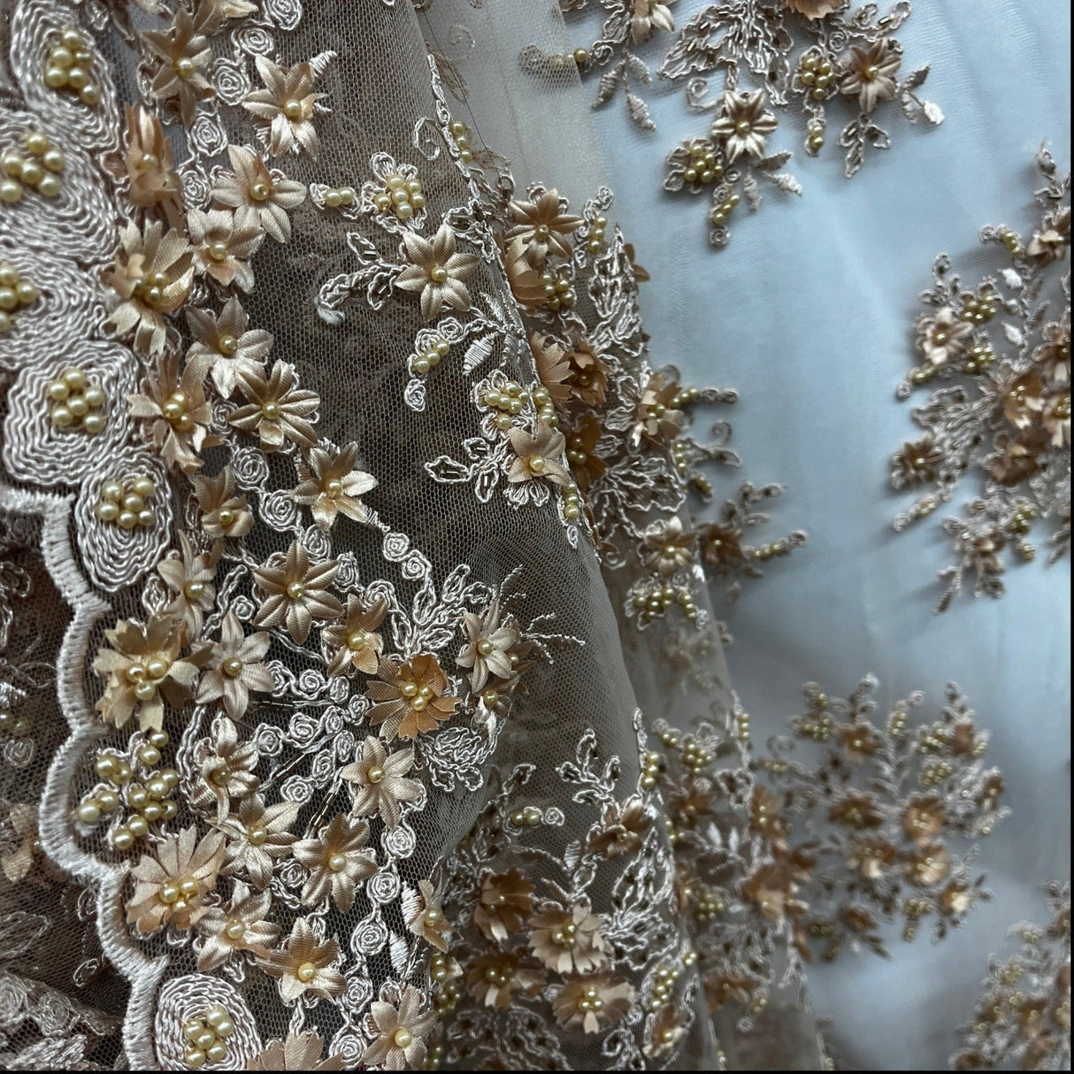 Beaded 3D Floral Lace Fabric